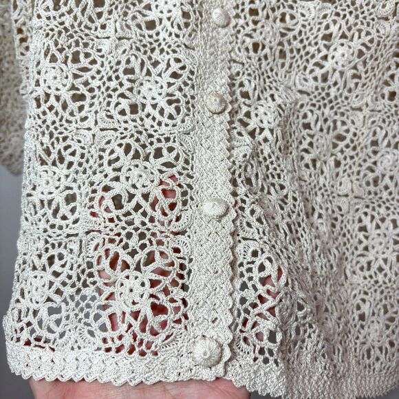 VTG Hand Crochet Ivory Cardigan Open Weave M Festival Boho 90s Y2K Cottagecore - Picture 2 of 9